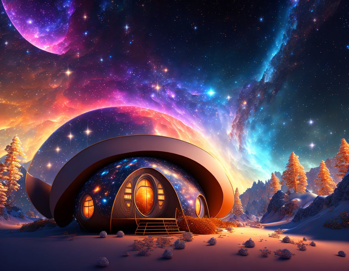 Futuristic house with cosmic design in snowy landscape under starry sky