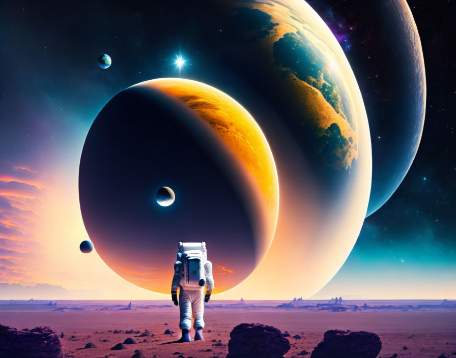 Astronaut viewing surreal landscape with multiple planets in sky