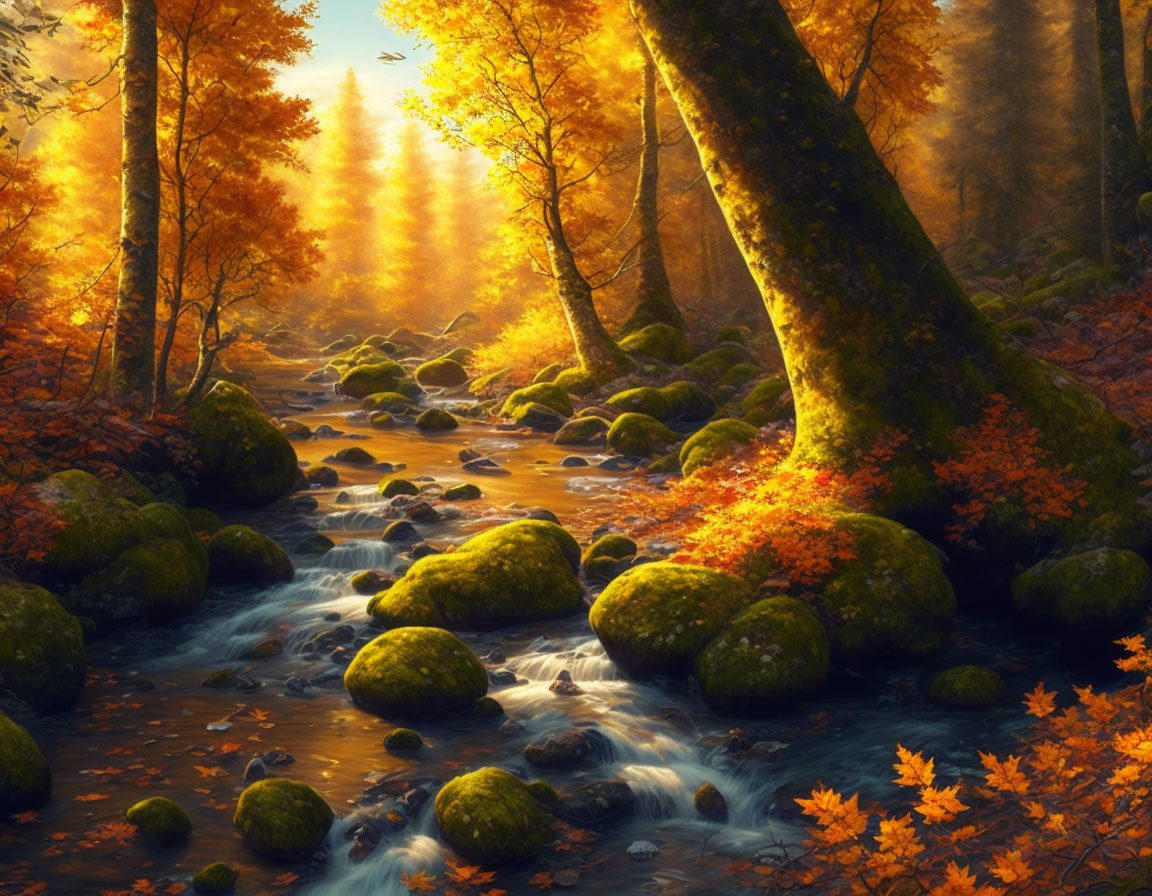 Tranquil Autumn Forest Scene with Golden Leaves and Babbling Brook