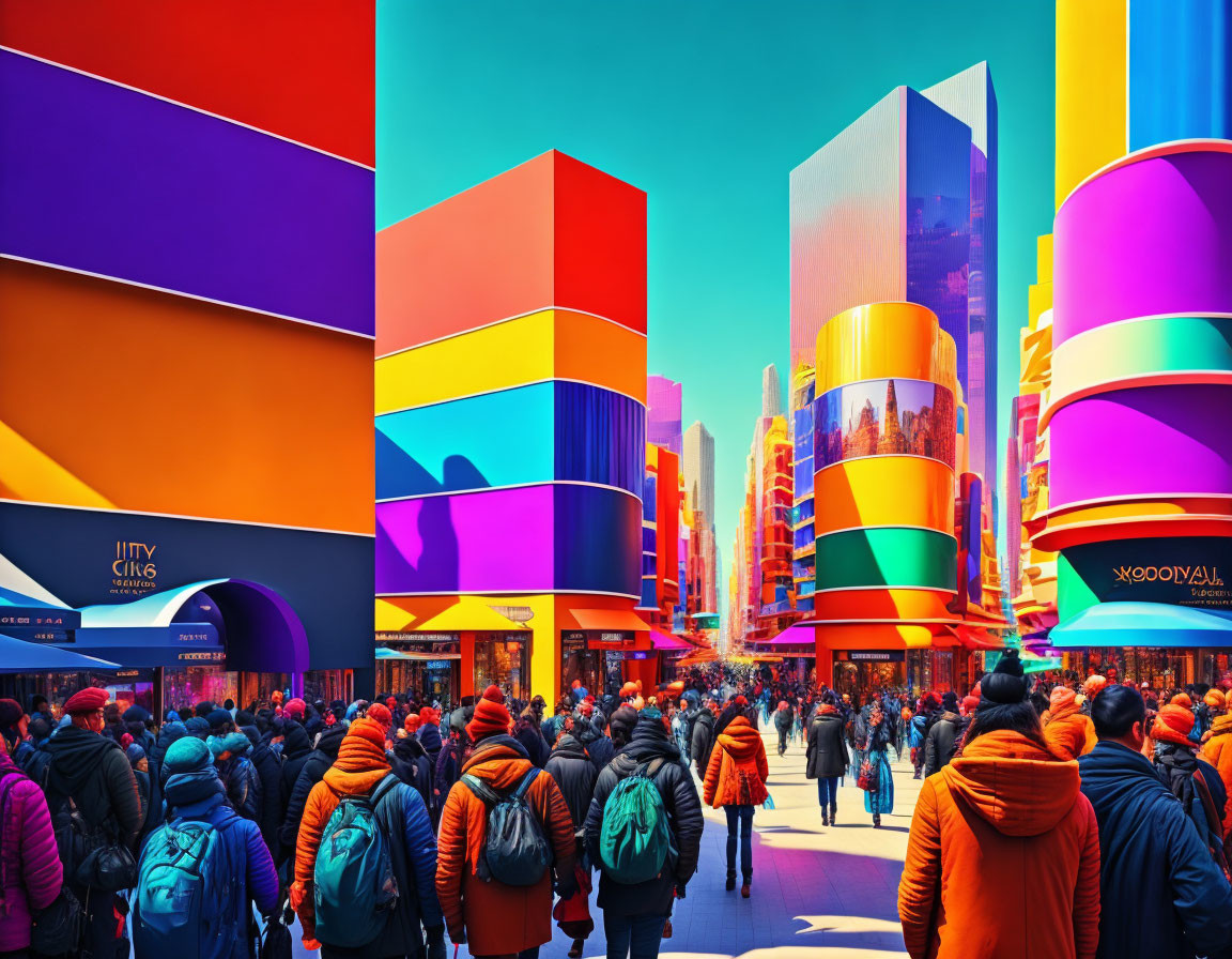 Colorful digitally altered cityscape with crowds in orange jackets