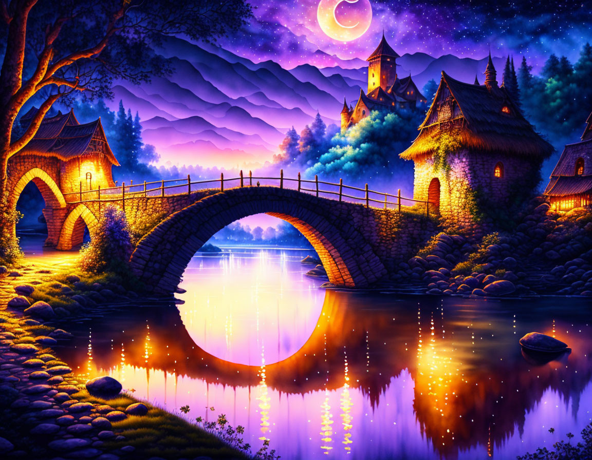 Fantastical landscape with stone bridge, cottages, full moon, castle, and twilight sky