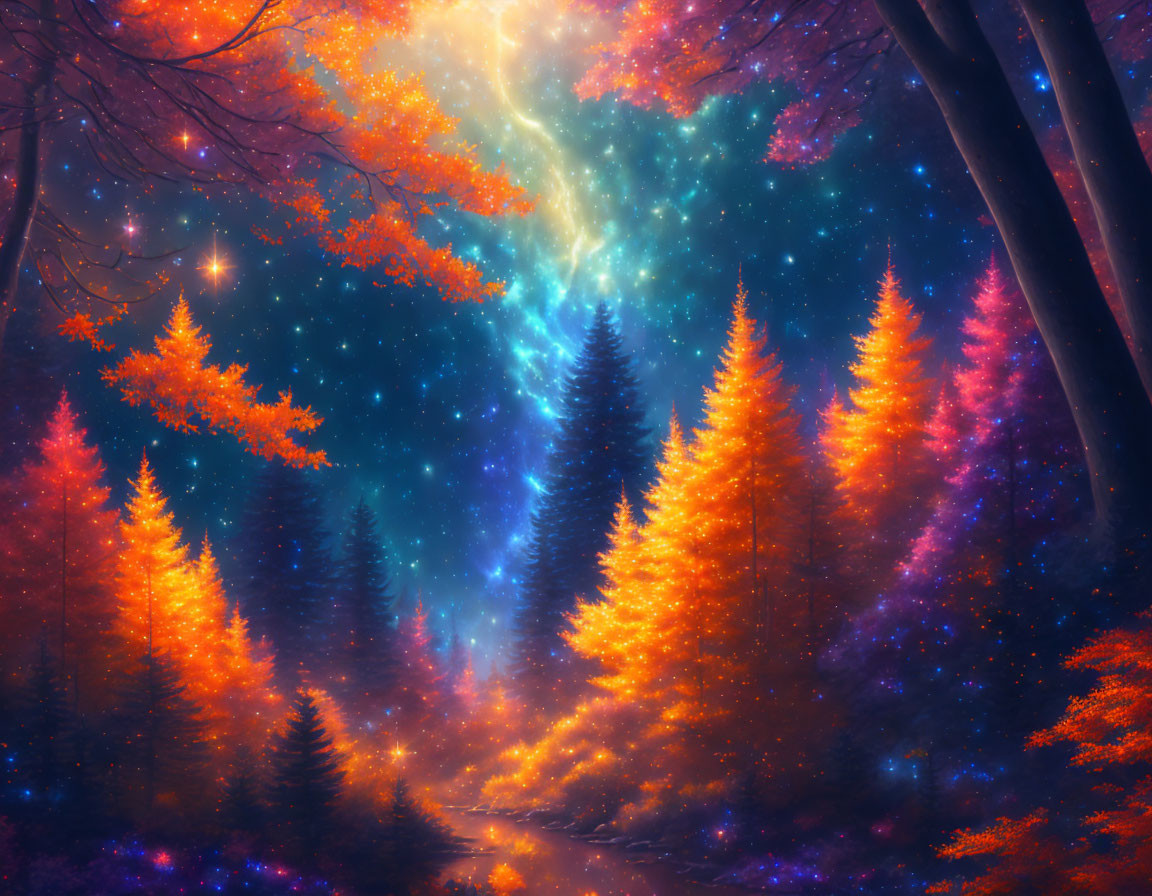 Vibrant autumn forest under starry night sky transitions to nebula