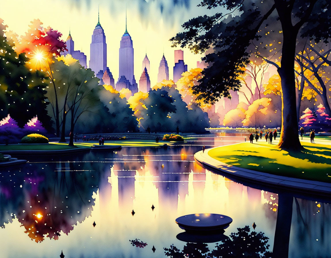 Colorful Park Scene with Lake, Trees, and City Skyline at Sunset