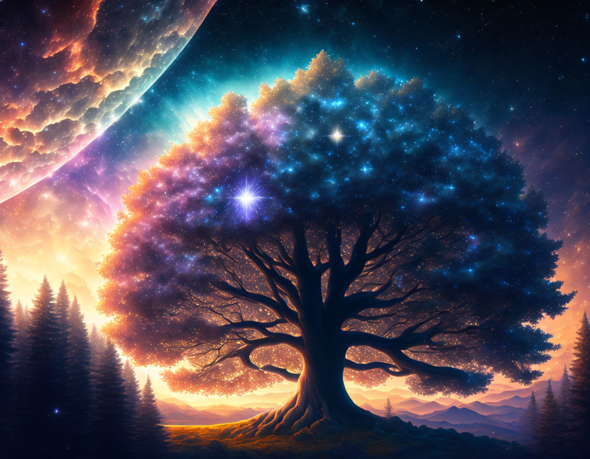 Majestic tree with cosmos canopy under starry sky and moon amidst mountains.