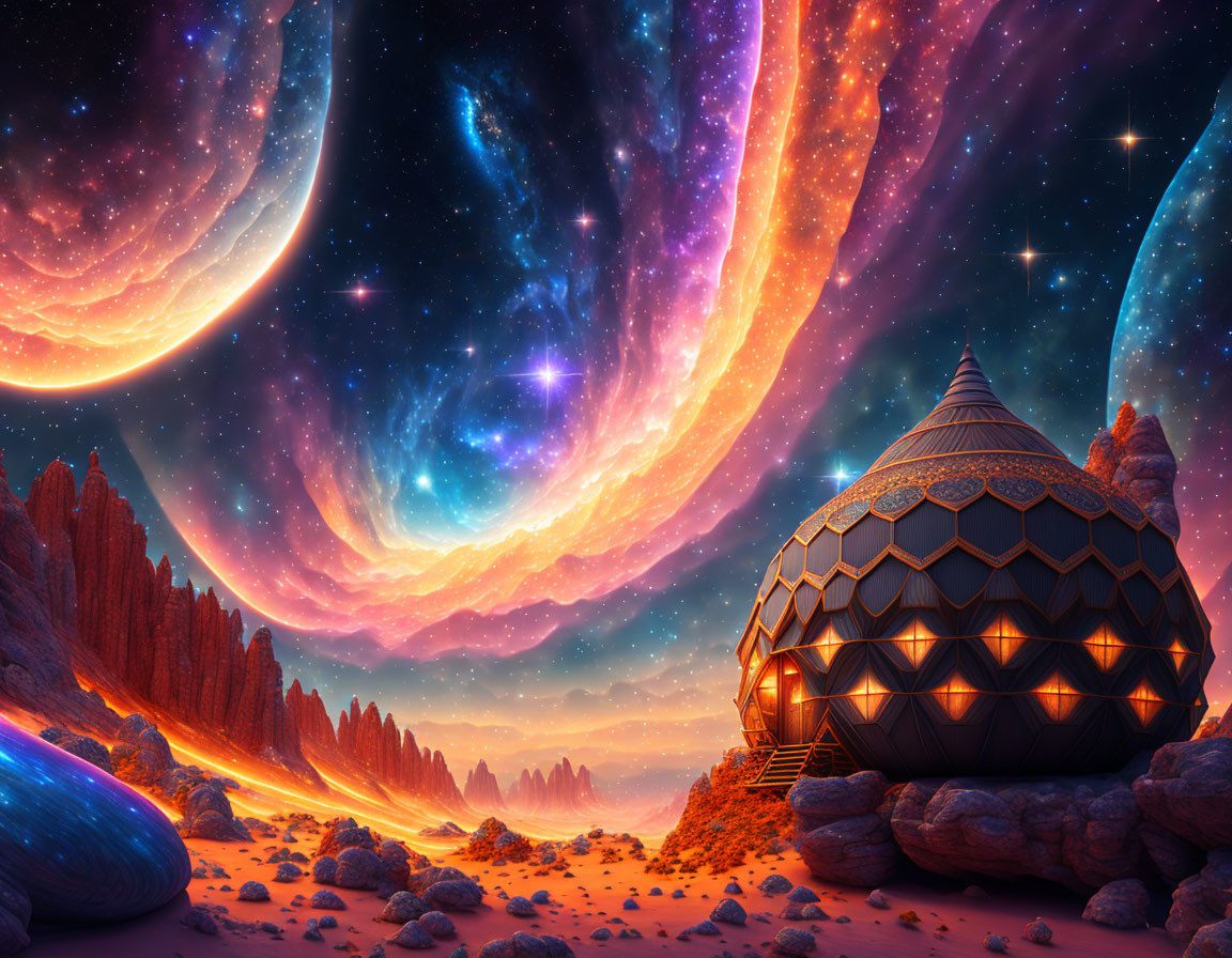 Colorful sci-fi landscape on alien planet with domed structure under starry sky