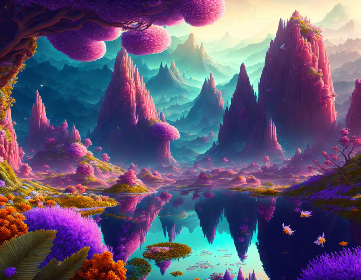 Majestic fantasy landscape with pink and purple foliage