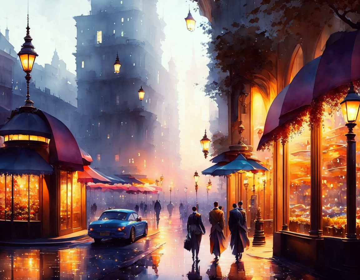 Evening Street Scene: Warm Shop Lights, Umbrella-Toting People, Glowing Lamps,