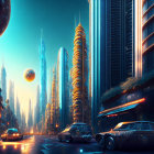 Futuristic sci-fi cityscape with towering buildings and floating orbs