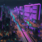 Nighttime cityscape with traditional buildings, neon lights, and glowing orb.