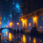 Ornate bridge over calm river in fantastical night scene