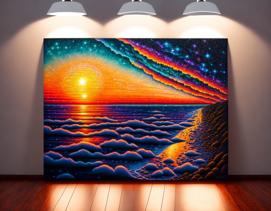 Colorful sunset and night sky painting under gallery lights