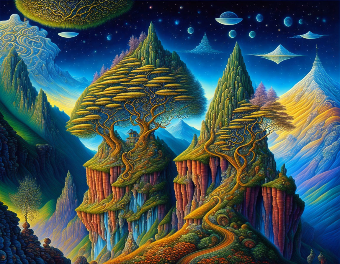 Fantasy landscape with tree-shaped mountains, UFOs, and starlit sky