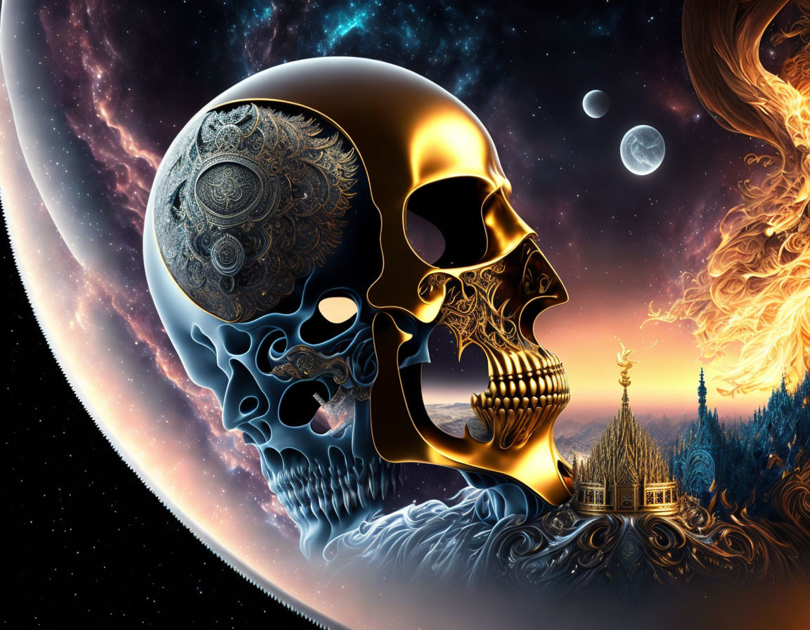 Surreal artwork: Mechanical skull in cosmic scenery