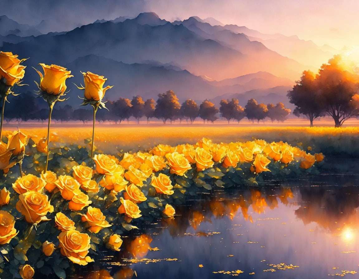 Tranquil landscape with yellow roses, reflective water, trees, and mountains at sunrise/sunset