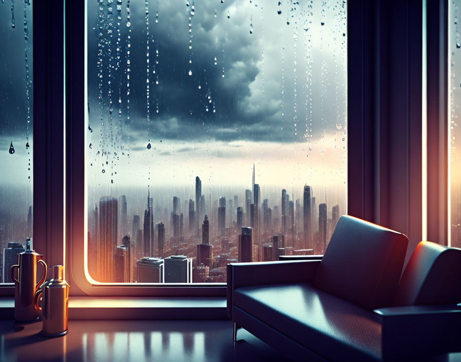 Sofa near large window with rainy cityscape and sunset glow