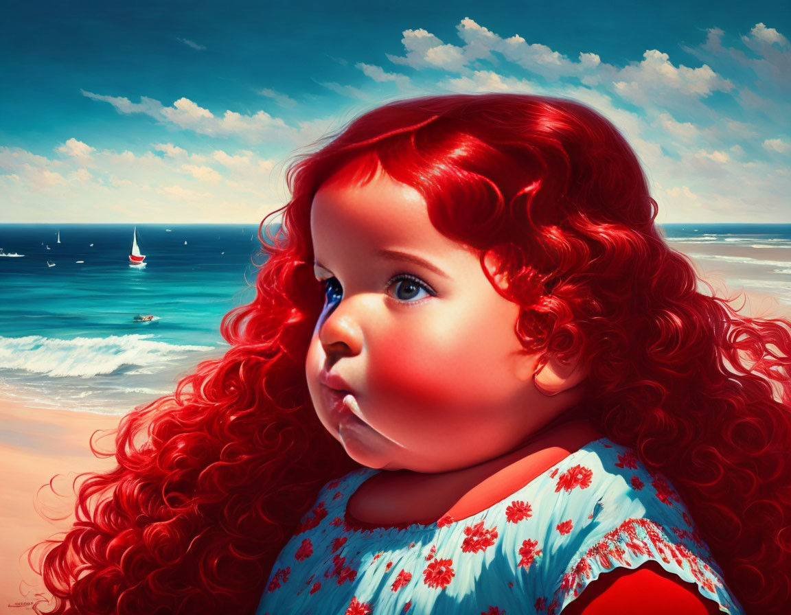 Portrait of red-haired child in floral dress by sunny beach