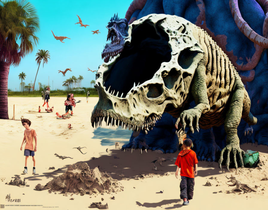 Surreal beach scene with giant skull creature, children, flying dinosaurs, palm trees