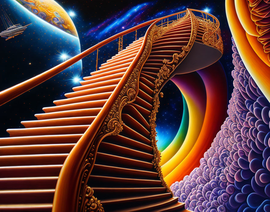 Colorful cosmic artwork: grand staircase in starry sky