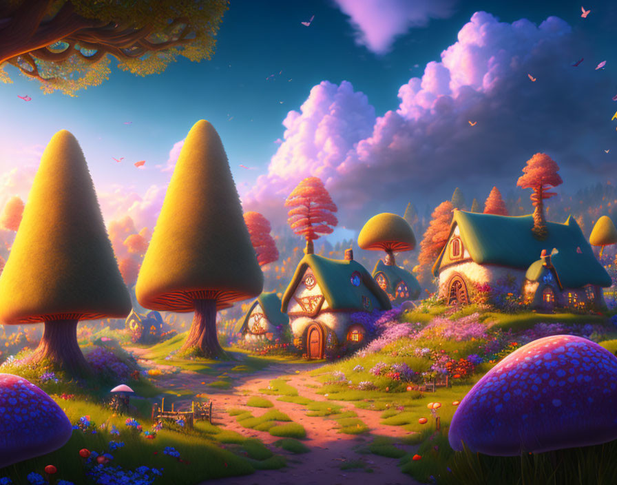 Whimsical Mushroom Village with Cobblestone Paths