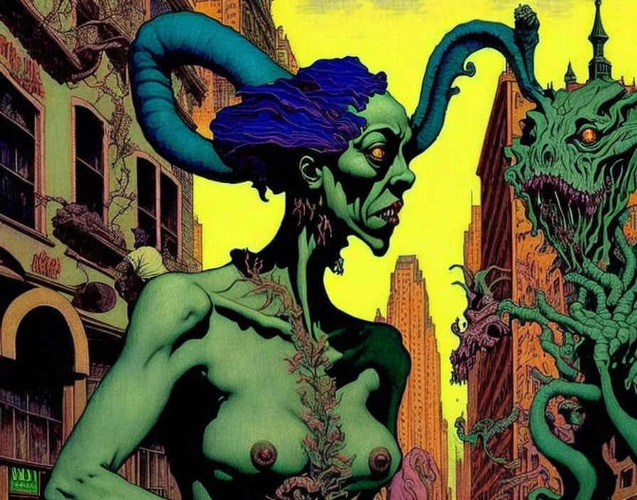 Colorful Illustration of Green-Skinned Female and Monster in Urban Setting