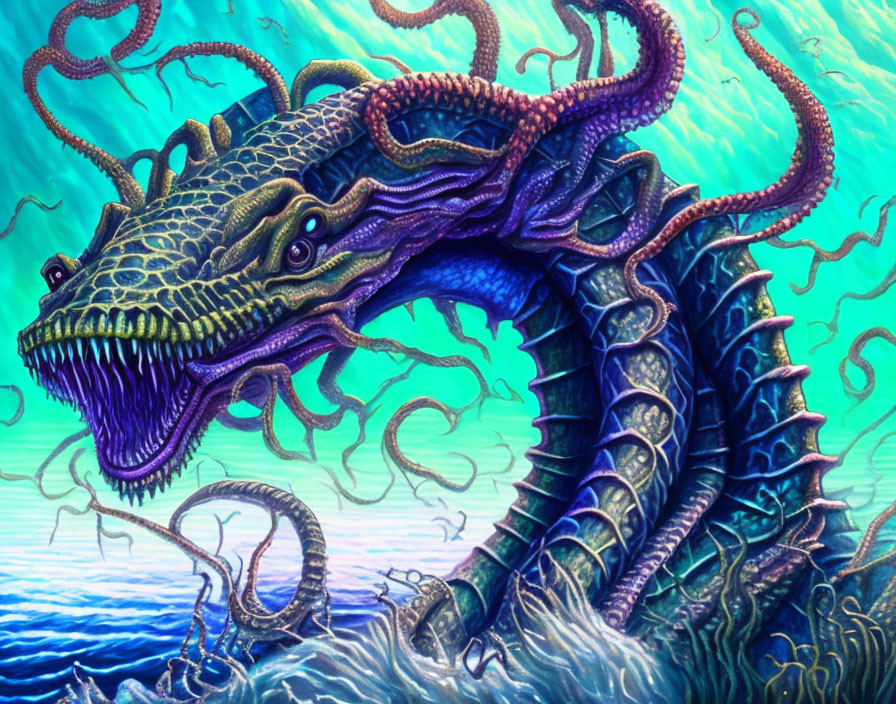 Detailed blue and purple sea dragon illustration with intricate scales and horns.