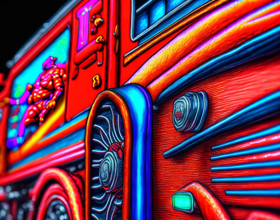 Colorful neon-lit bus artwork with intricate details and contrasting textures