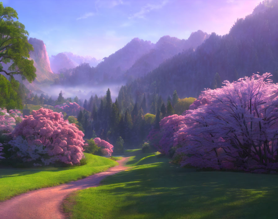 Serene landscape with blooming cherry trees and misty mountains