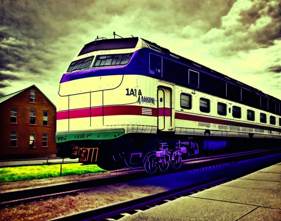 Vibrant train engine on tracks with dramatic skies and building