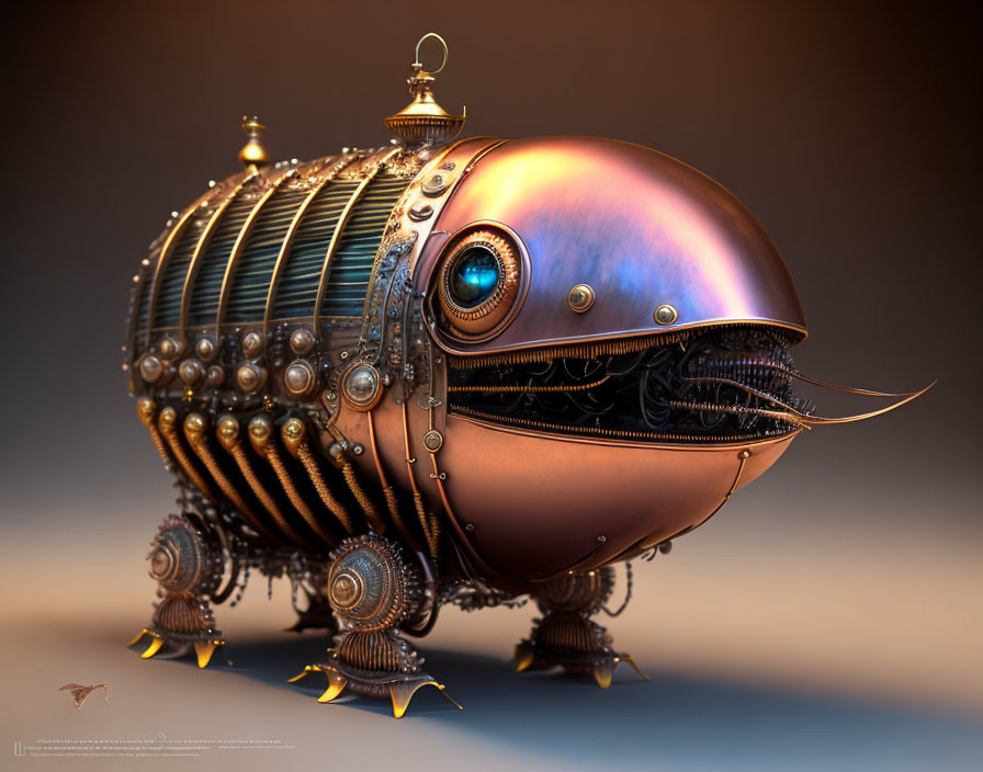 Steampunk-style mechanical fish with metallic scales and intricate gears on warm backdrop