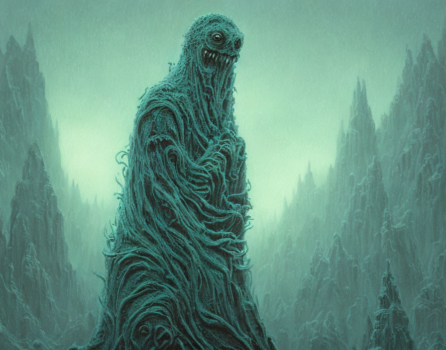 Sinister creature with tendrils and gaping mouth in murky forest landscape