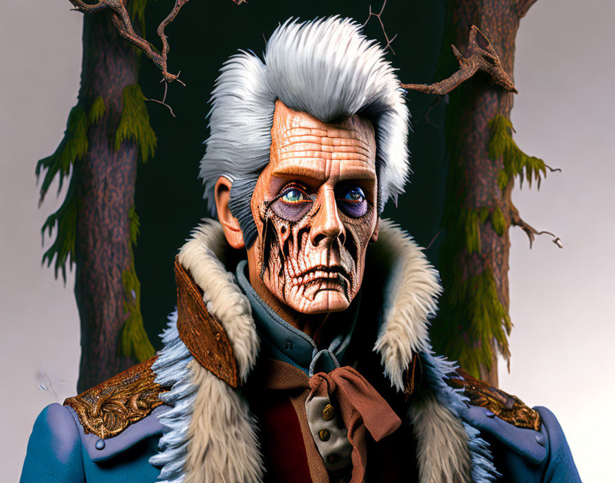 Digital artwork: Character with skeletal face, white hair, military jacket, tree branches.