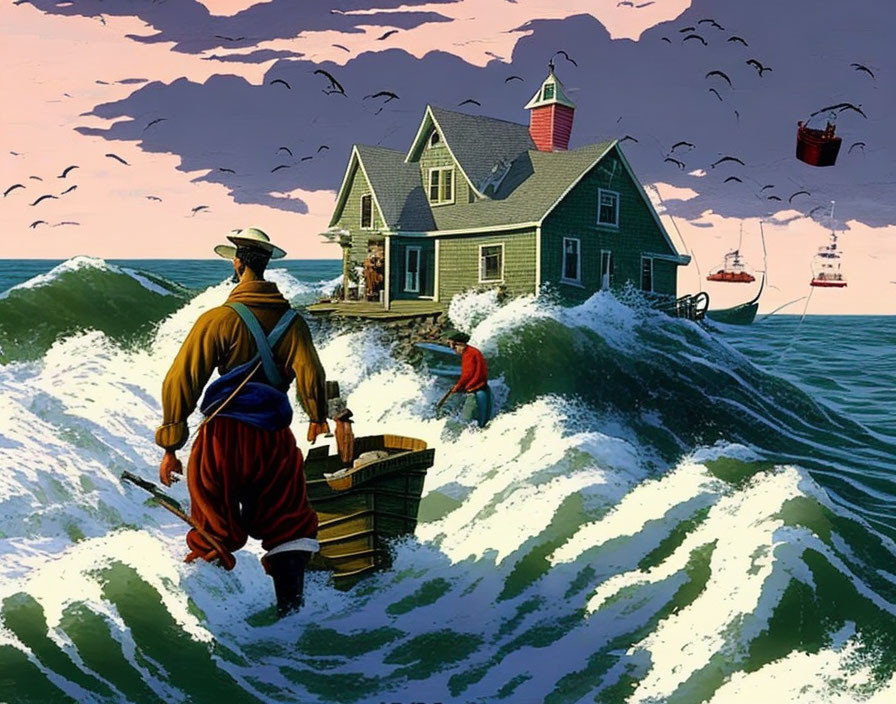 Fisherman walking on ocean waves near house with seagulls, boats, and surreal sea surroundings