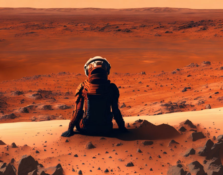 Astronaut on Mars gazes at rocky, reddish terrain under hazy orange sky