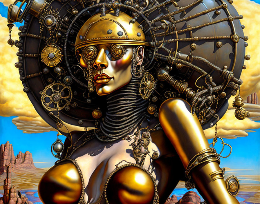 Steampunk-inspired female figure with mechanical elements on rocky terrain.