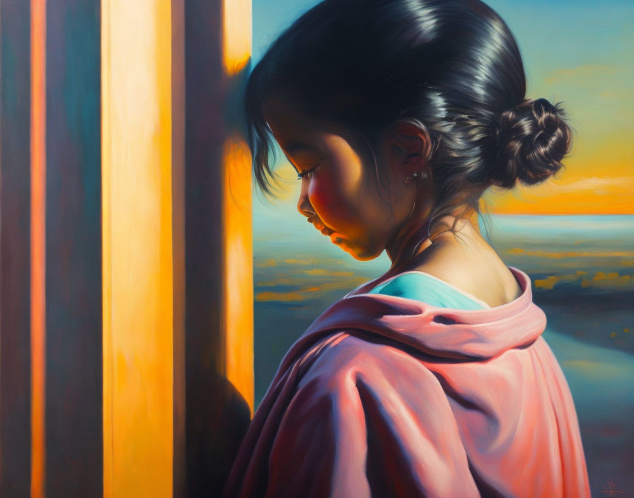 Young girl in profile gazing at sunset through window with warm light.