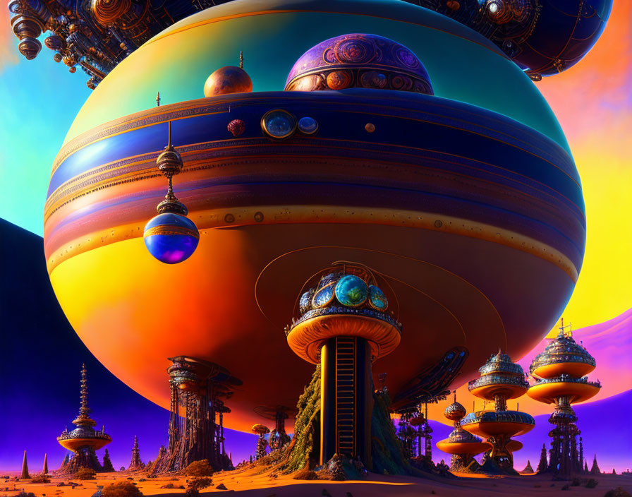 Colorful alien structures and planets in a futuristic sci-fi landscape