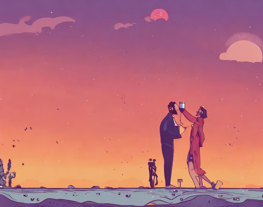 Couple with Dog Toasts in Surreal Sunset with Multiple Moons