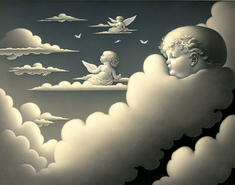 Cherubic figures and birds in clouds with child's face.