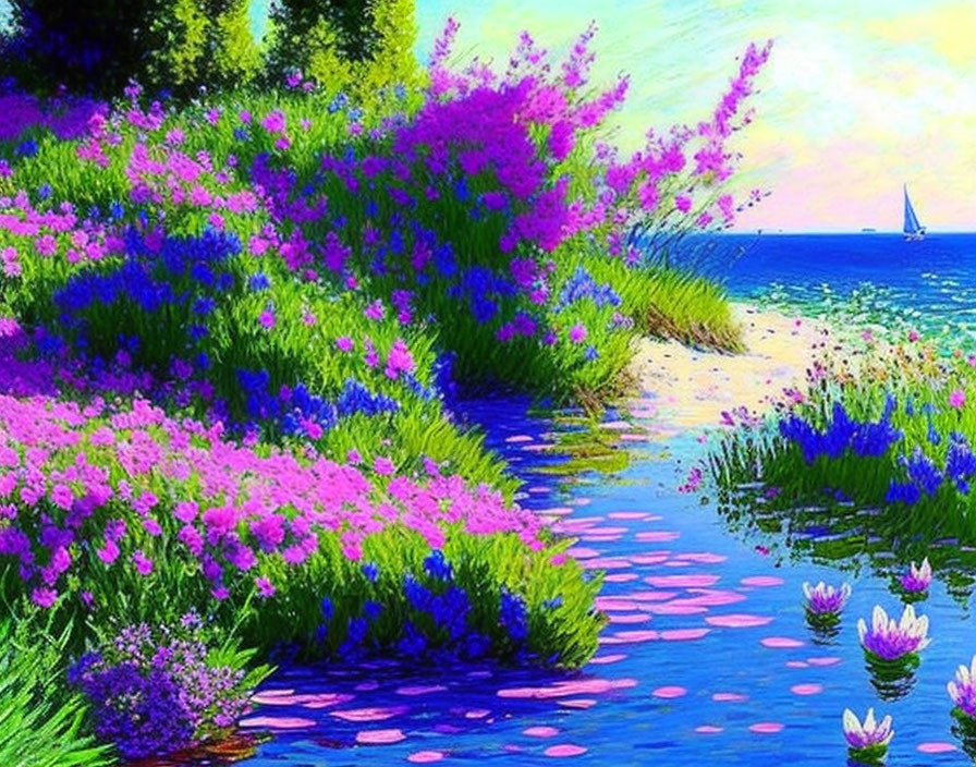 Lush riverside painting with purple flowers, sailboat, and clear sky