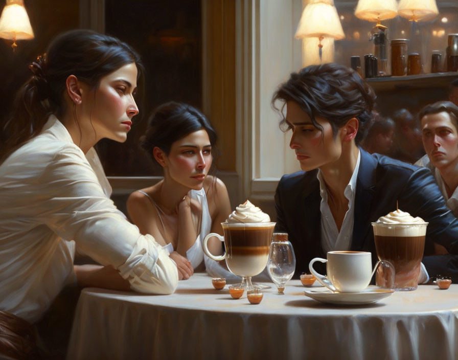 Three people in cafe with thoughtful expressions and cups of coffee with whipped cream