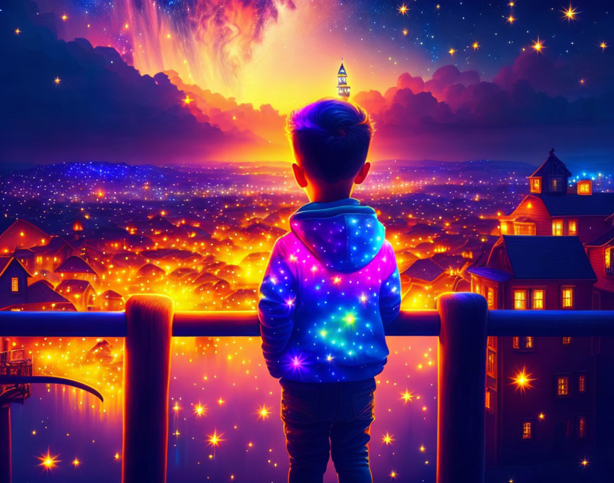 Young boy admires glowing cityscape under starry sky with cosmic phenomenon.