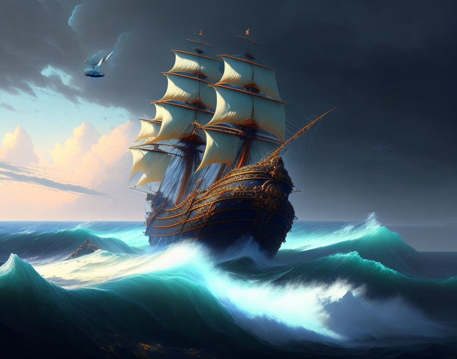 Majestic sailing ship on turbulent ocean with flying ship in distance