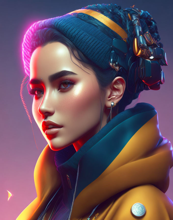 Futuristic cyberpunk digital art portrait of a woman with blue headwrap and orange collar on neon