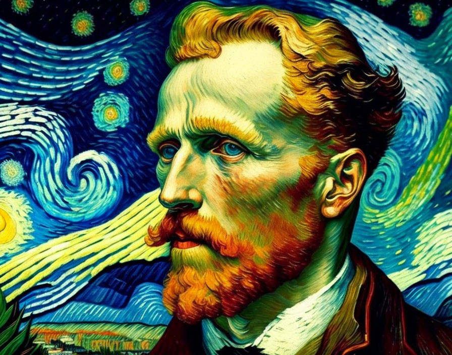 Red-bearded man with introspective eyes in Van Gogh-style portrait