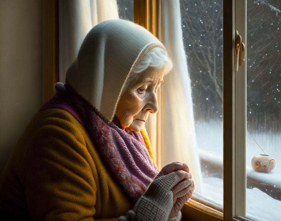 Elderly woman in headscarf and sweater gazes out window on snowy day