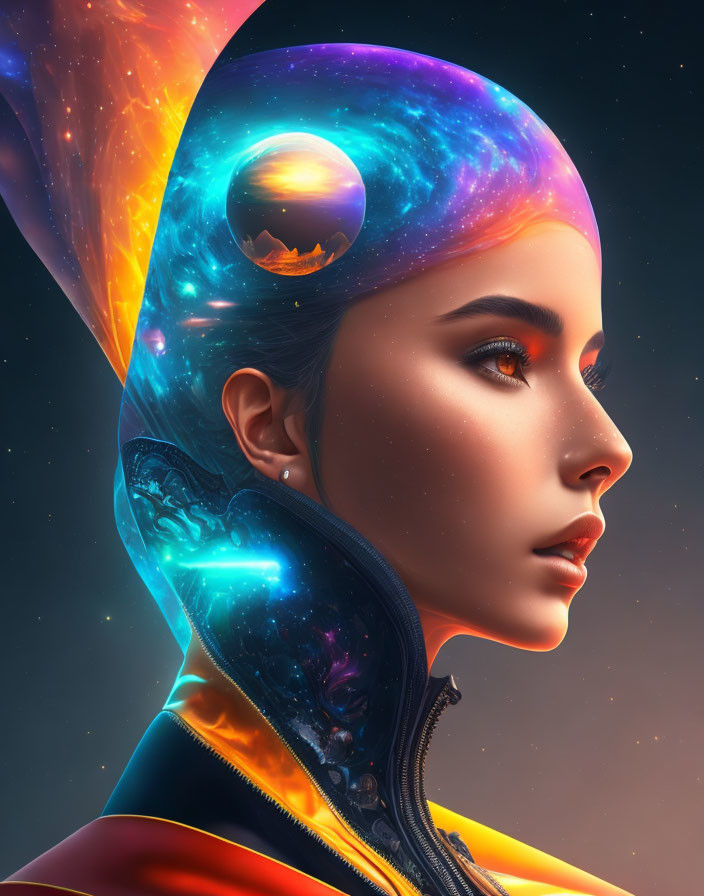 Woman's portrait with cosmic elements on dark background