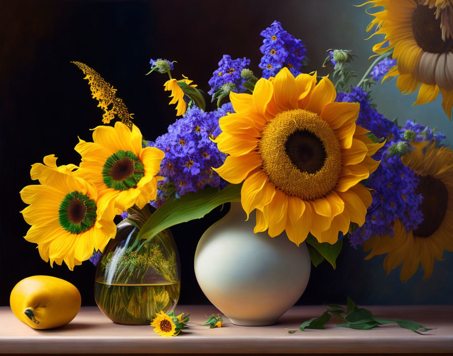 Colorful Still Life with Sunflowers, Blue Flowers, and Lemon