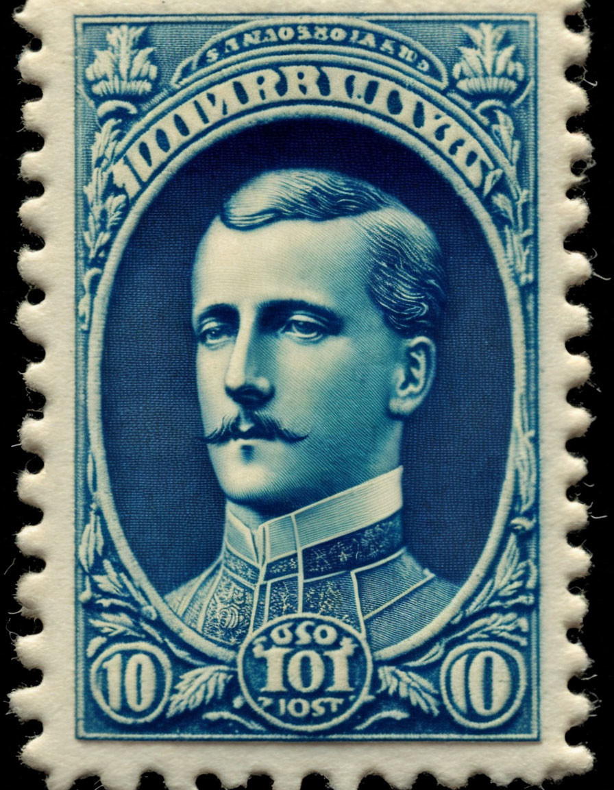 Vintage Blue 10-Cent Postage Stamp with Mustached Man Portrait