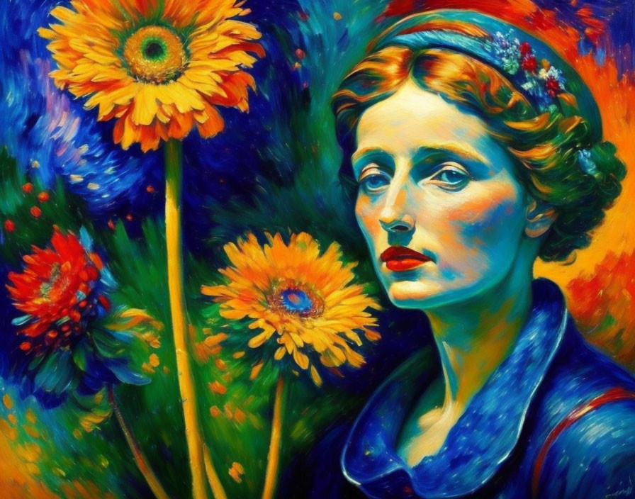 Colorful Painting of Woman with Flowers in Dominant Blues and Oranges