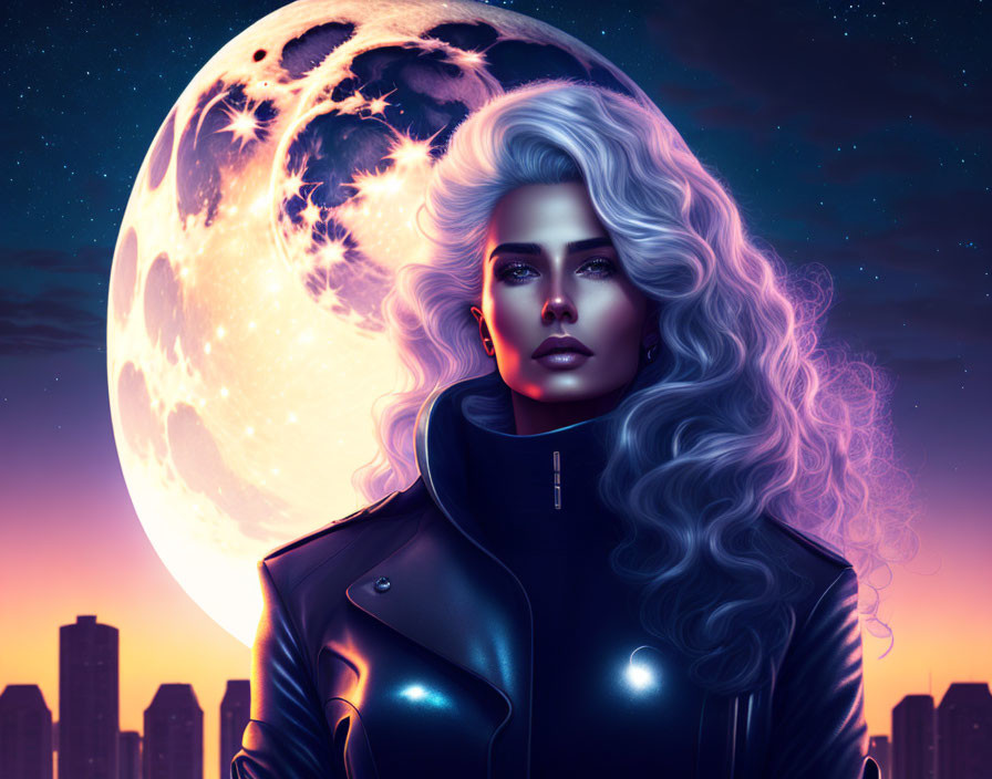 Detailed illustration of woman with white hair in leather jacket against city skyline and moon